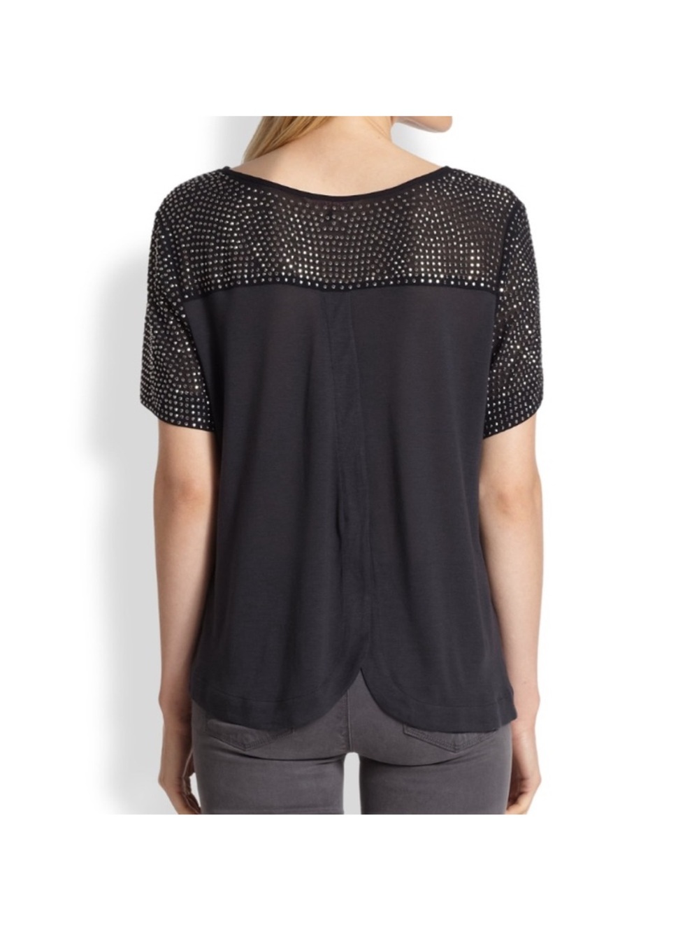 Rebecca Taylor Black Short Sleeve Silk Nailhead Studded Tee Top Size 2